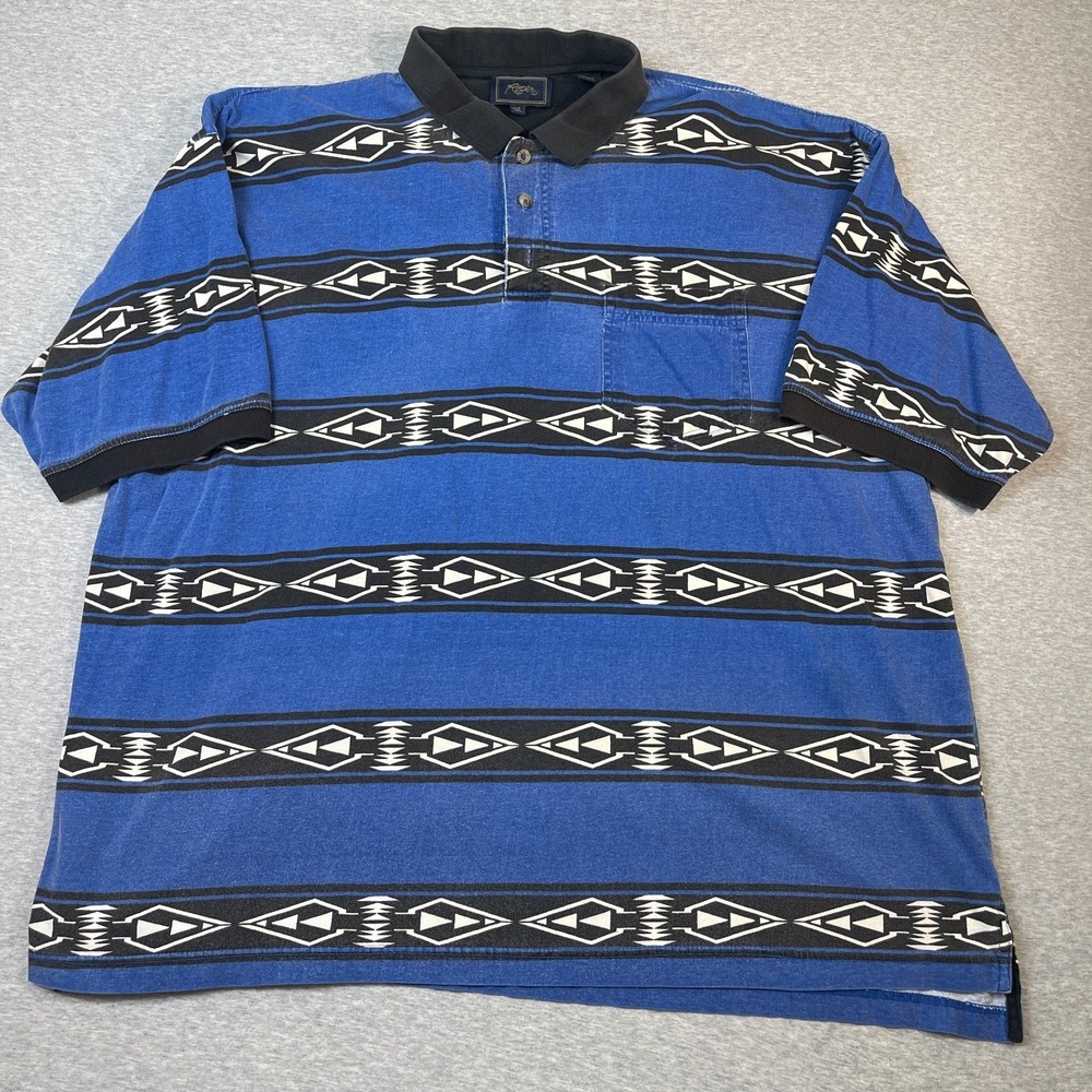 Vintage Roper Southwestern Polo Shirt Mens 2XL Blue Aztec Geometric Tribal 90s